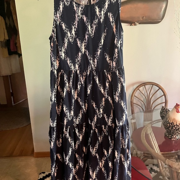 $160 Johnston & Murphy Navy Blue and White Ikat Print Midi Dress Sz XS or Small. - Picture 4 of 16